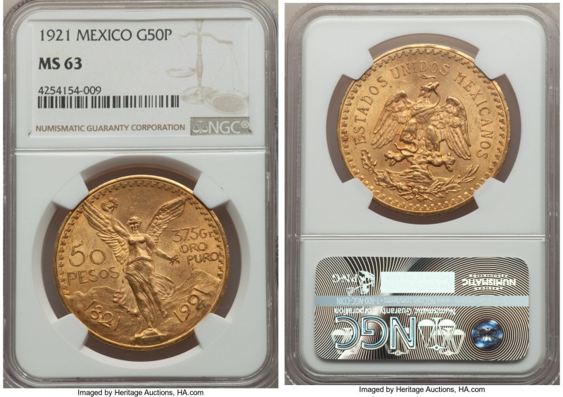 Estados Unidos gold 50 Pesos 1921 MS63 NGC, Mexico City mint, KM481. First year ...