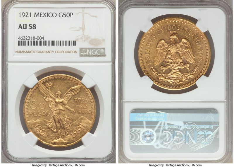 Estados Unidos gold 50 Pesos 1921 AU58 NGC, Mexico City mint, KM481. AGW 1.2056 ...