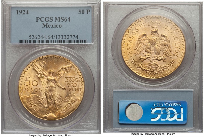 Estados Unidos gold 50 Pesos 1924 MS64 PCGS, Mexico City mint, KM481, Fr-172. AG...