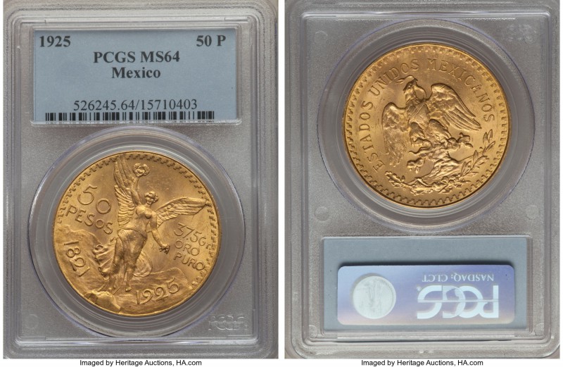 Estados Unidos gold 50 Pesos 1925 MS64 PCGS, Mexico City mint, KM481. AGW 1.2056...