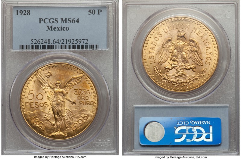 Estados Unidos gold 50 Pesos 1928 MS64 PCGS, Mexico City mint, KM481. AGW 1.2056...