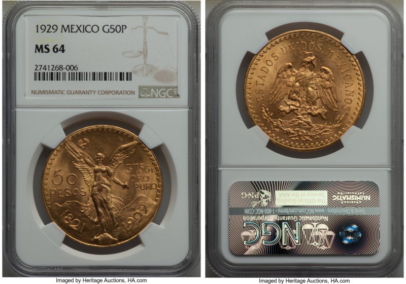 Estados Unidos gold 50 Pesos 1929 MS64 NGC, Mexico City mint, KM481, Fr-172. AGW...