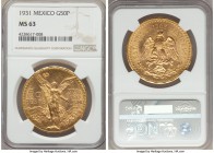 Estados Unidos gold 50 Pesos 1931 MS63 NGC, Mexico City mint, KM481, Fr-172. Quite choice and satiny around the features with only a few light wisps o...