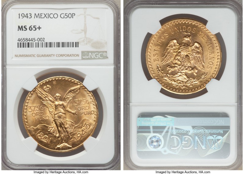 Estados Unidos gold 50 Pesos 1943 MS65+ NGC, Mexico City mint, KM482. AGW 1.2056...