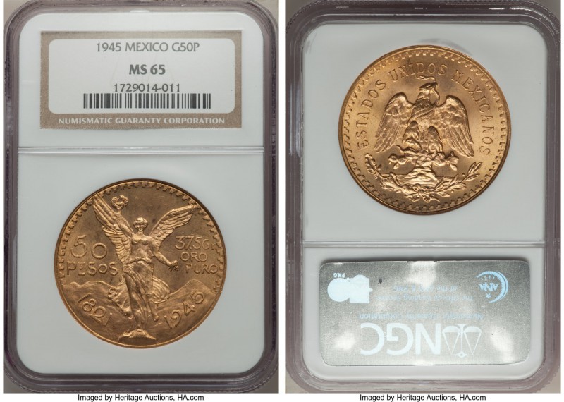 Estados Unidos gold 50 Pesos 1945 MS65 NGC, Mexico City mint, KM481. A bright an...