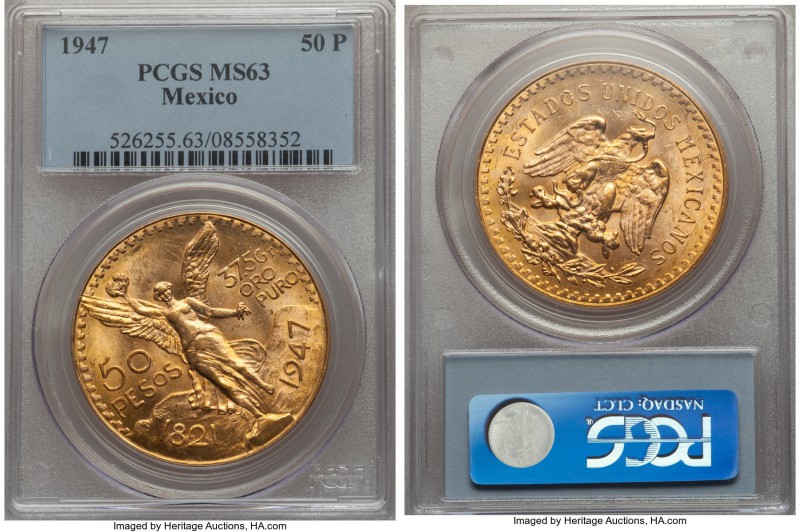Estados Unidos gold 50 Pesos 1947 MS63 PCGS, Mexico City mint, KM481. AGW 1.2056...