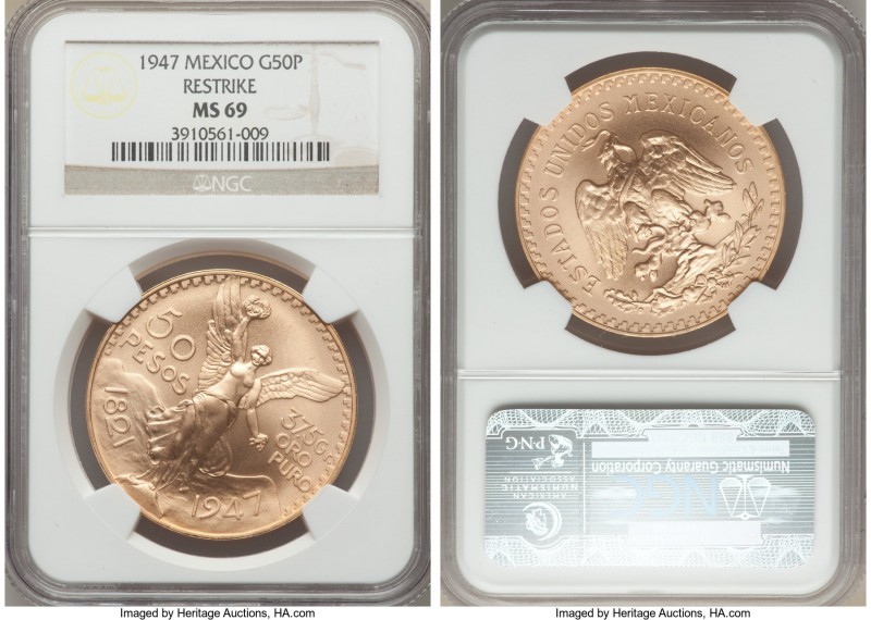 Estados Unidos gold Restrike 50 Pesos 1947 MS69 NGC, Mexico City mint, KM481. AG...