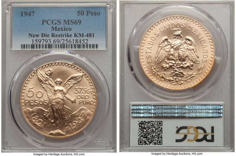 Estados Unidos "New Die Restrike" gold 50 Pesos 1947 MS69 PCGS, Mexico City mint...