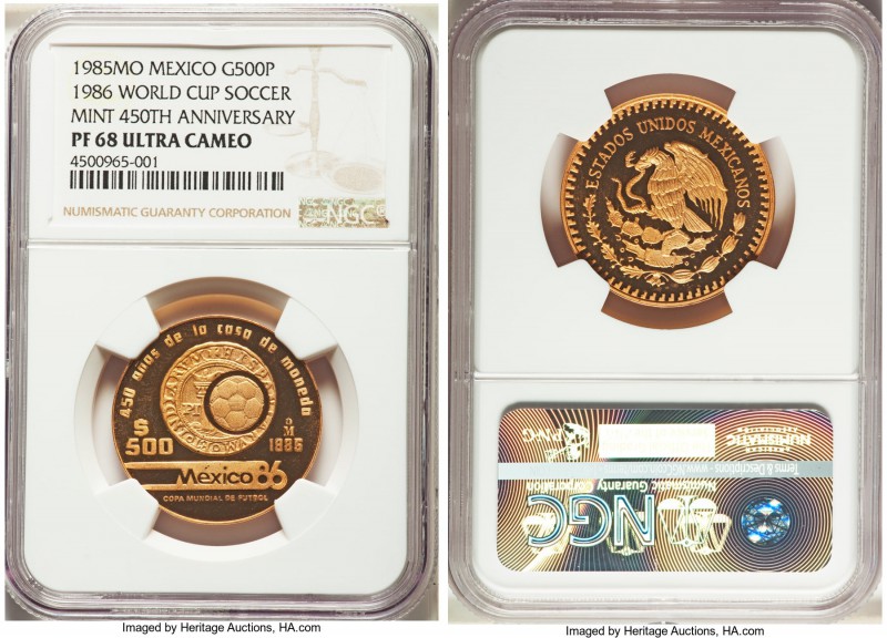 Estados Unidos gold Proof "1986 World Cup" 500 Pesos 1985-Mo PR68 Ultra Cameo NG...