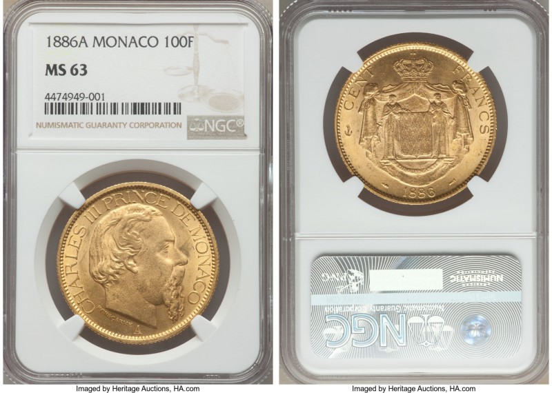 Charles III gold 100 Francs 1886-A MS63 NGC, Paris mint, KM99. Satiny golden fie...