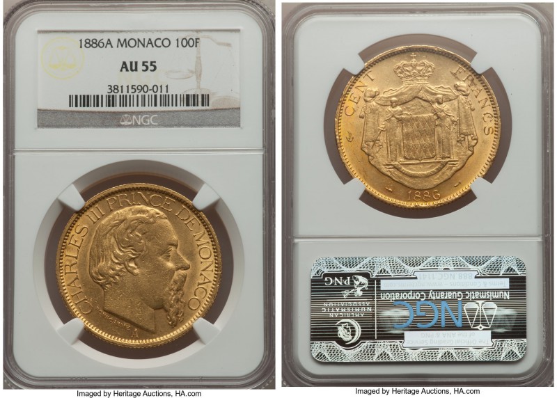 Charles III gold 100 Francs 1886-A AU55 NGC, Paris mint, KM99. Highly lustrous f...