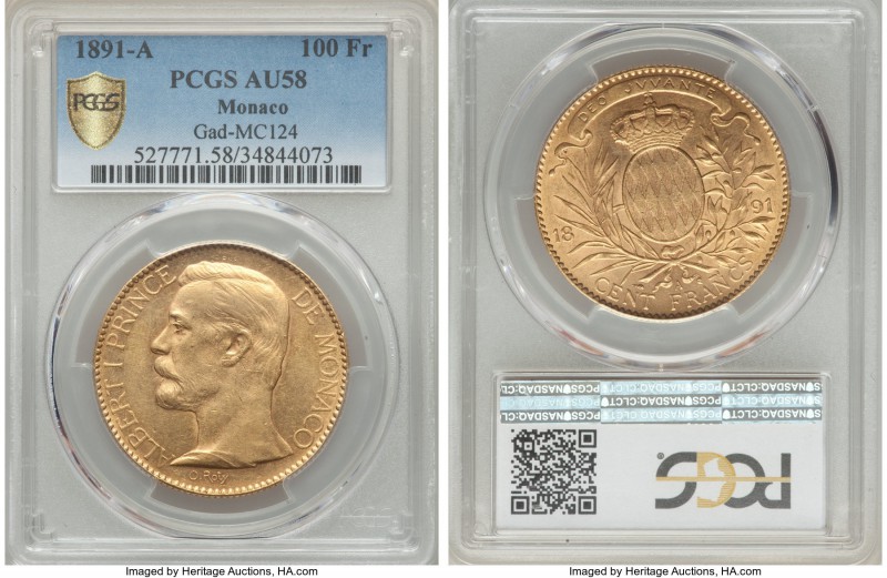 Albert I gold 100 Francs 1891-A AU58 PCGS, Paris mint, KM105, Gad-MC124. An icon...