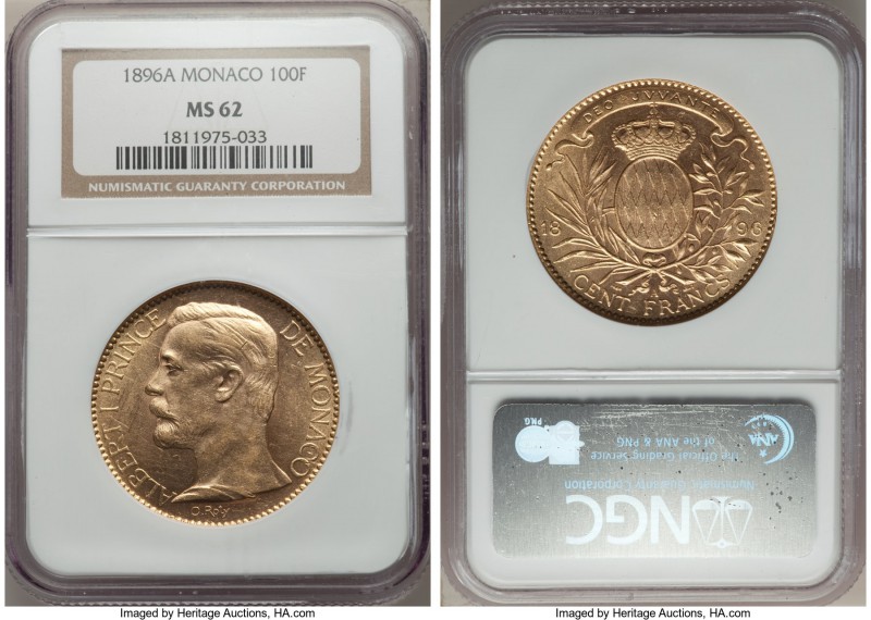 Albert I gold 100 Francs 1896-A MS62 NGC, Paris mint, KM105. Highly collectible ...