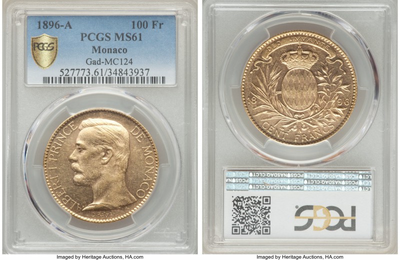 Albert I gold 100 Francs 1896-A MS61 PCGS, Paris mint, KM105, Gad-MC124. A few l...