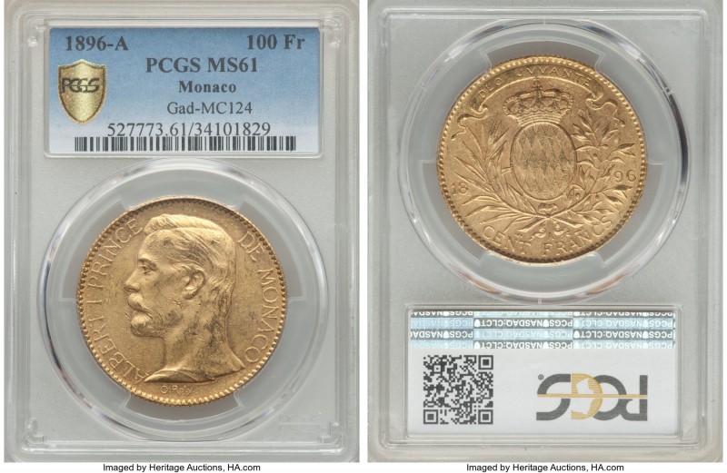 Albert I gold 100 Francs 1896-A MS61 PCGS, Paris mint, KM105, Gad-MC124. Bright ...