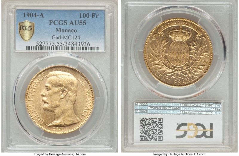 Albert I gold 100 Francs 1904-A AU55 PCGS, Paris mint, KM105, Gad-MC124. Lightly...