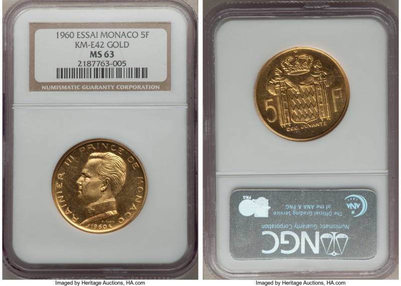 Rainier III gold Essai 5 Francs 1960 MS63 NGC, KM-E42. Bright and glossy, an imm...