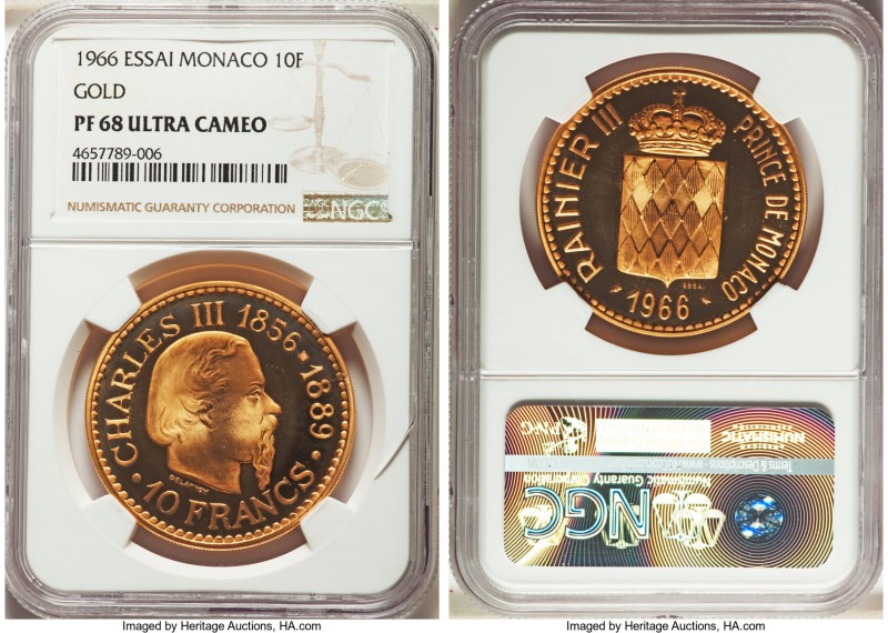 Rainer III gold Proof Essai 10 Francs 1966-(a) PR68 Ultra Cameo NGC, Paris mint,...