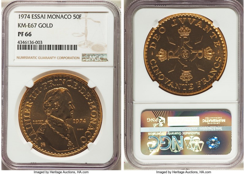 Rainier III gold Proof Essai 50 Francs 1974-(a) PR66 NGC, Paris mint, KM-E67. Mi...