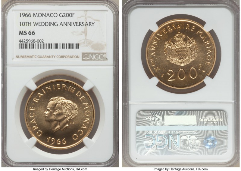 Rainier III gold 200 Francs 1966-(a) MS66 NGC, Paris mint, KMX-M2. AGW 0.9465 oz...