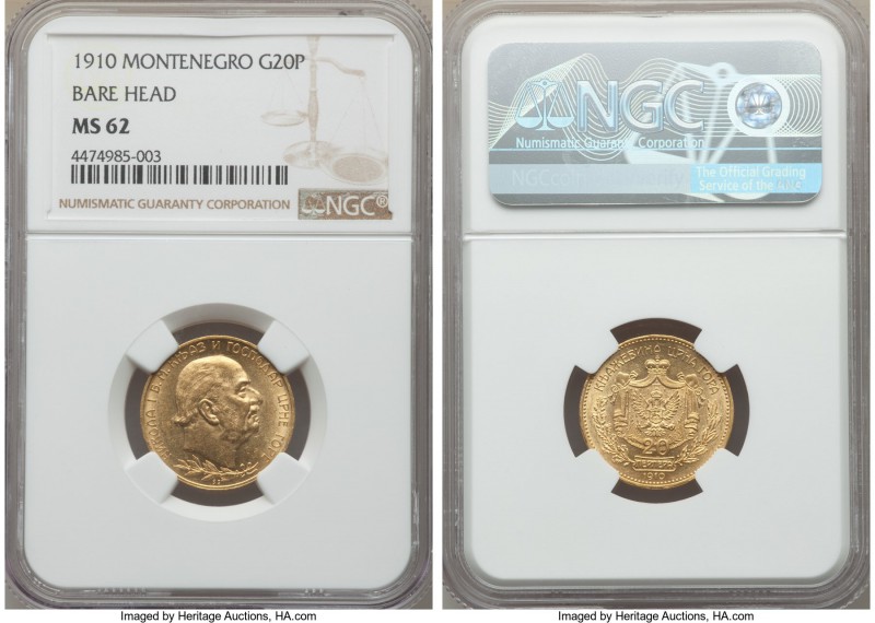 Nicholas I gold 20 Perpera 1910 MS62 NGC, KM10.

HID99912102018
