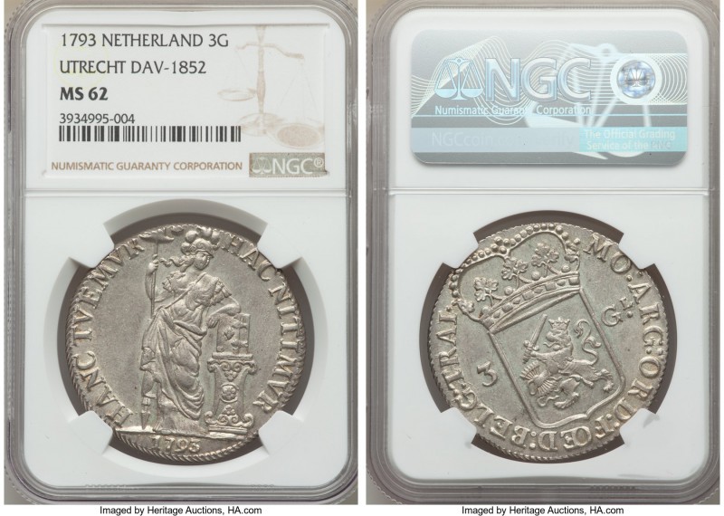 Utrecht. Provincial 3 Gulden 1793 MS62 NGC, KM117, Dav-1852. Lesser-encountered ...