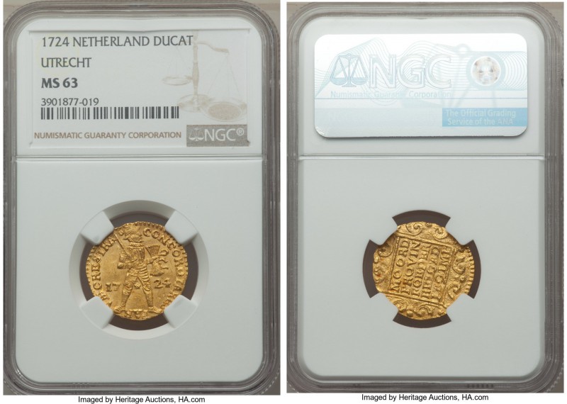 Utrecht. Provincial gold Ducat 1724 MS63 NGC, KM7.4. Laudable quality for the is...