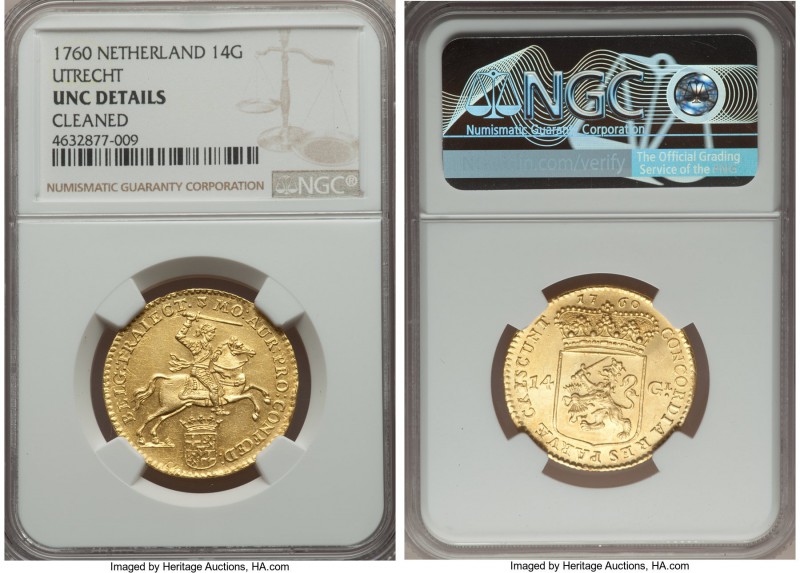 Utrecht. Provincial gold 14 Gulden 1760 UNC Details (Cleaned) NGC, KM104. A larg...