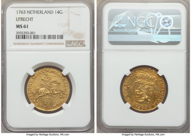 Utrecht. Provincial gold 14 Gulden (Gold Rider) 1763 MS61 NGC, KM104, Fr-288. Pe...