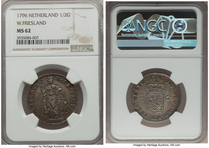 West Friesland. Provincial 1/2 Gulden 1796 MS62 NGC, KM14. The finest example of...