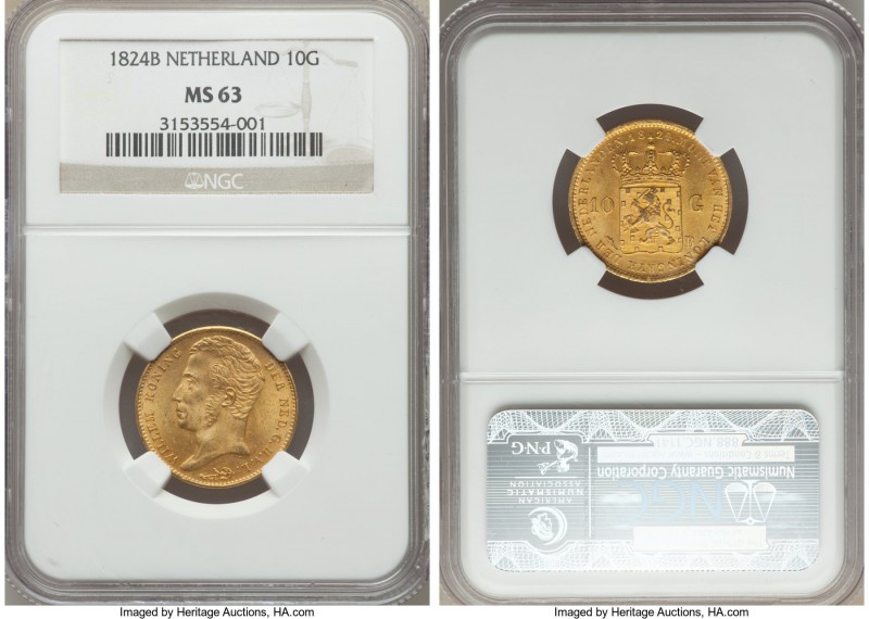 Willem I gold 10 Gulden 1824-B MS63 NGC, Brussels mint, KM56. A satiny example w...
