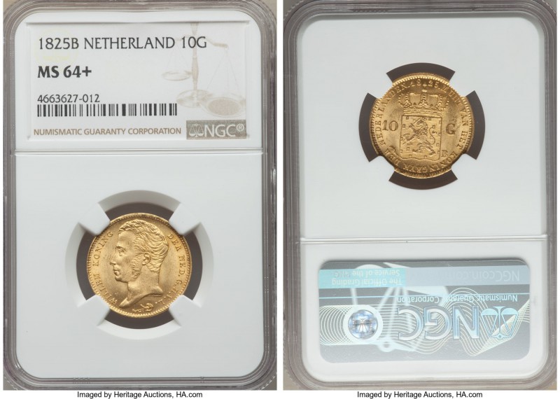 Willem I gold 10 Gulden 1825-B MS64+ NGC, KM56. Natural surfaces, with original ...