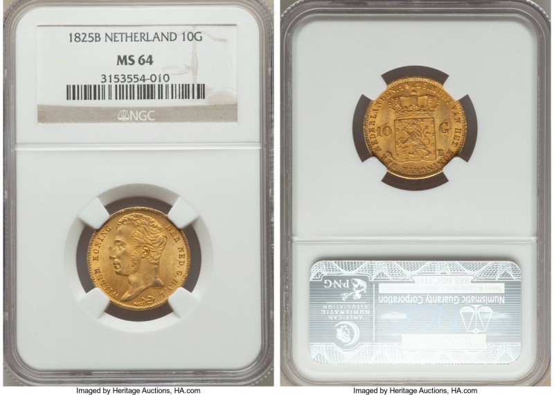 Willem I gold 10 Gulden 1825-B MS64 NGC, Brussels mint, KM56, Fr-329. An excepti...