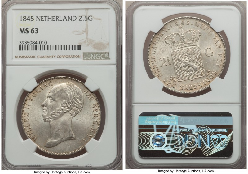 Willem II 2-1/2 Gulden 1845 MS63 NGC, Utrecht mint, KM69.2. Satiny and lustrous,...