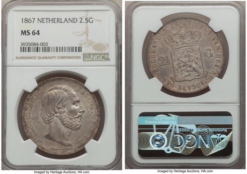 Willem III 2-1/2 Gulden 1867 MS64 NGC, KM82. Beautifully toned, with something a...