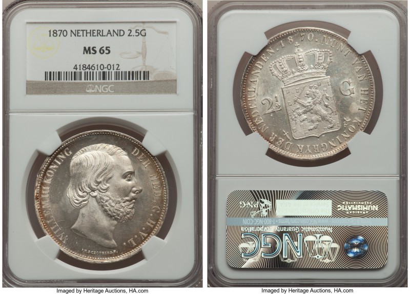 Willem III 2-1/2 Gulden 1870 MS65 NGC, KM82. A white and frosty gem with light p...