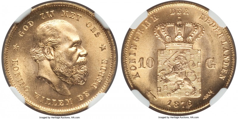 Willem III gold 10 Gulden 1876 MS67+ NGC, KM106. Radiant and essentially flawles...