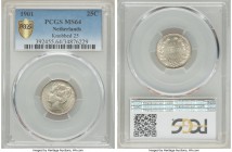 Wilhelmina 25 Cents 1901 MS64 PCGS, KM120.2. Knobbed 25 variety. Wholly choice with bright silvery surfaces and resplendent whirls of cartwheel luster...