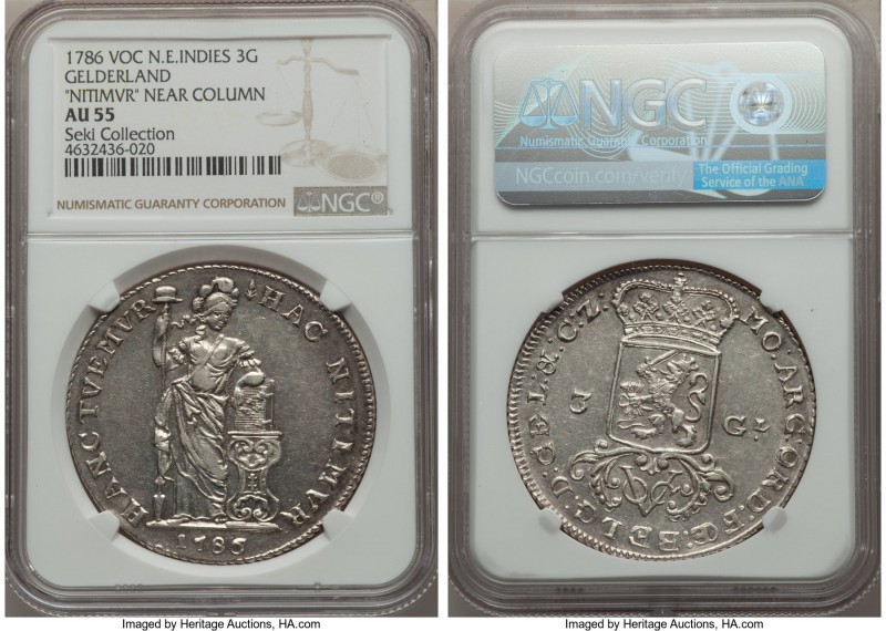 Dutch Colony. United East India Company 3 Gulden 1786 AU55 NGC, Harderwijk mint,...