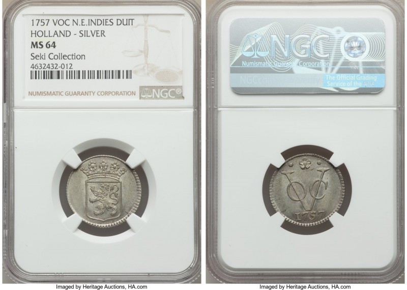 Dutch Colony. United East India Company silver Duit 1757 MS64 NGC, Dordrecht min...