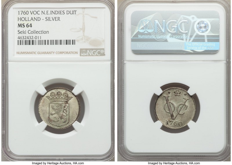 Dutch Colony. United East India Company silver Duit 1760 MS64 NGC, Dordrecht min...