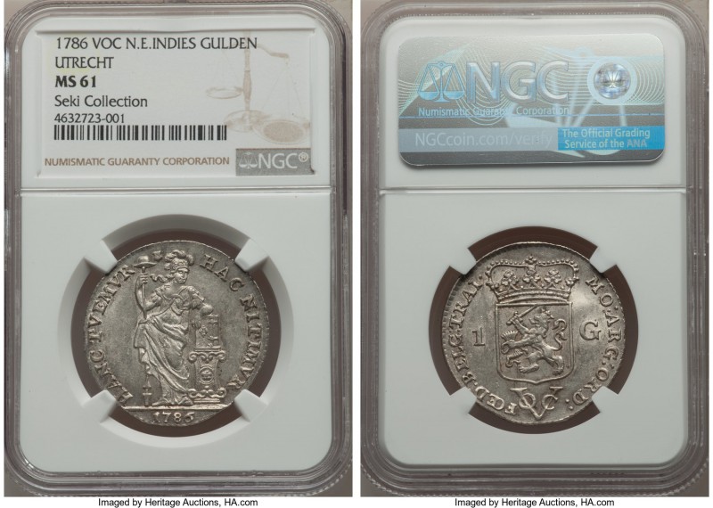 Dutch Colony. United East India Company Gulden 1786 MS61 NGC, KM1116. Utrecht is...