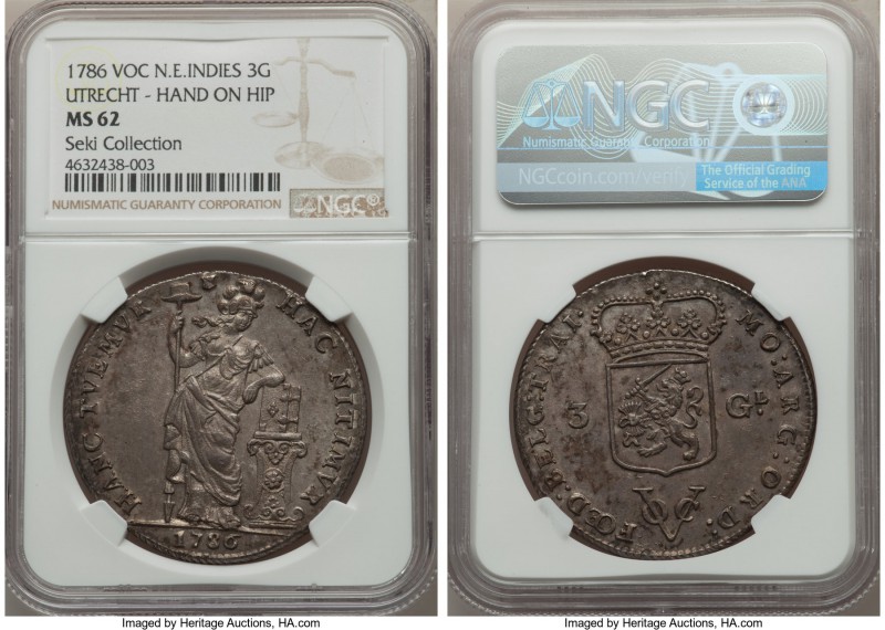 Dutch Colony. United East India Company 3 Gulden 1786 MS62 NGC, KM117, Scholten-...