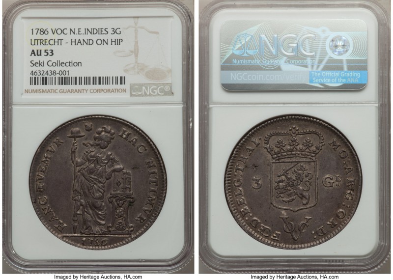 Dutch Colony. United East India Company 3 Gulden 1786 AU53 NGC, KM117, Scholten-...