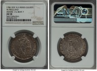 Dutch Colony. United East India Company Gulden 1786/1765 AU58 NGC, cf. KM139 (unlisted overdate), Scholten-69d (same). Variety with Arabic 1 and bent ...