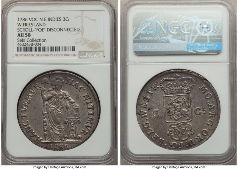 Dutch Colony. United East India Company 3 Gulden 1786 AU58 NGC, KM140, Scholten-...