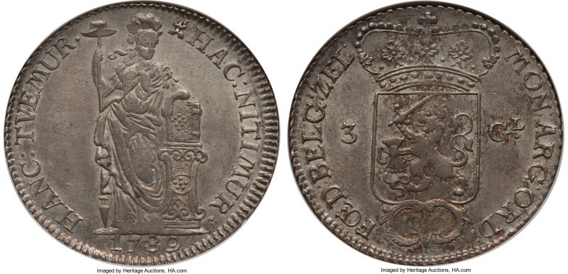 Dutch Colony. United East India Company 3 Gulden 1789 AU55 NGC, KM155, Scholten-...