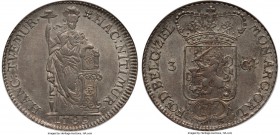 Dutch Colony. United East India Company 3 Gulden 1789 AU55 NGC, KM155, Scholten-64a. Variety with high dot after NITIMUR. Zeeland issue. The finest of...