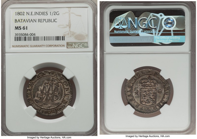 Dutch Colony. Batavian Republic 1/2 Gulden 1802 MS61 NGC, Enkhuizen mint, KM82. ...
