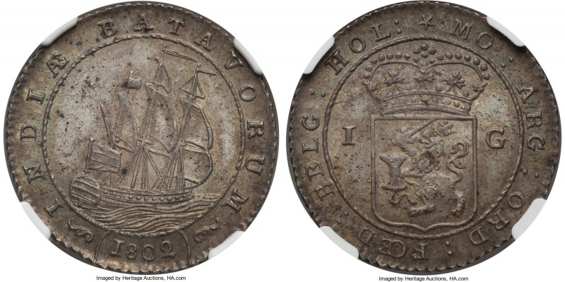 Dutch Colony. Batavian Republic Gulden 1802 MS63 NGC, Enkhuizen mint, KM83, Scho...